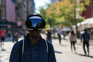 A man wearing virtual reality glasses walks around the city. New technologies concept.