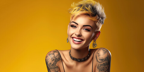 Portrait of young happy woman with short funky hairstyles and tattoo. Skin care beauty, skincare cosmetics, dental concept isolated over yellow background