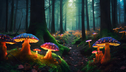 Wall Mural - Forest landscape, glowing fungus, fantasy mushrooms in mystery dark forest, fairy tale mystical background