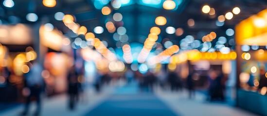 Wall Mural - A close-up macro photography of a fun city event at night, with a blurry crowd of people walking down an electric blue-lit street.