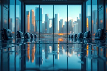 corporate boardroom table and chairs with cityscape view professional photography