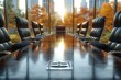 corporate boardroom table and chairs with cityscape view professional photography