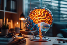  Lifestyle Stock Photography Of Focused Brain Model With Memory-related Symbols, Neural Pathways Illuminated. Cluttered Desk, Dim Study Room, Dusk Light Filtering Through Blinds. Close-up, Shallow Dep