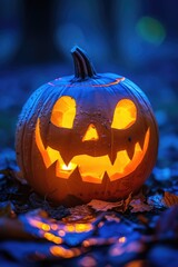 Poster - A lit up Halloween pumpkin sitting on the ground. Perfect for Halloween decorations and spooky themed projects