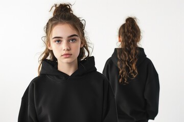 Wall Mural - A girl wearing a black hoodie looking directly at the camera. Suitable for various uses
