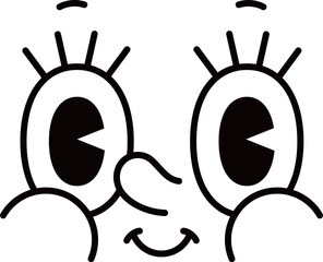 Cartoon face, groovie retro funny emoji with big eyes and nose, vector emoticon character. Comic groovy face emotion with happy or surprised wow goggle eyes and long eyelash in retro cartoon animation