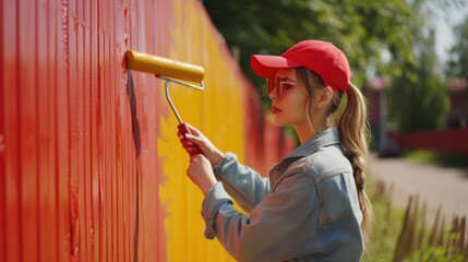 Sticker - Woman using a yellow paint roller to paint a wall. Perfect for home improvement or interior design projects