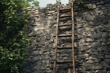 Canvas Print - A wooden ladder is leaning against a stone wall. This image can be used to depict construction, maintenance, or home improvement projects