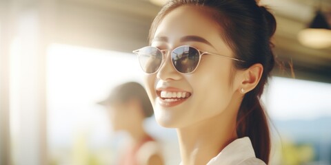 Poster - A woman wearing sunglasses and a white shirt. Suitable for fashion or summer-themed designs