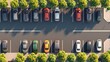 A bird's eye view of a parking lot filled with cars. This image can be used to showcase transportation, urban infrastructure, or parking facilities