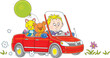 © Alexey Bannykh - Happy little boy driving a beautiful red car with his funny toy passengers and a big flying balloon, vector cartoon illustration isolated on a white background