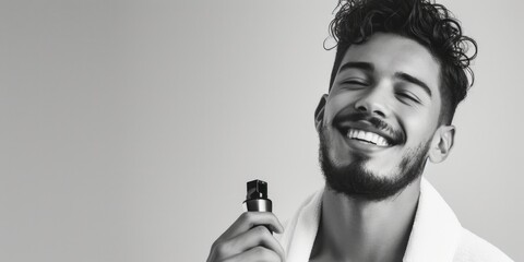 Poster - A man in a bathrobe holding a bottle of cologne. Perfect for advertising or grooming-related projects