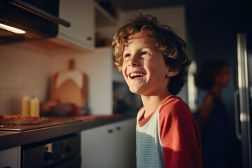 Wall Mural - A young boy stands next to a stove in a kitchen. Perfect for illustrating cooking, family, and home life