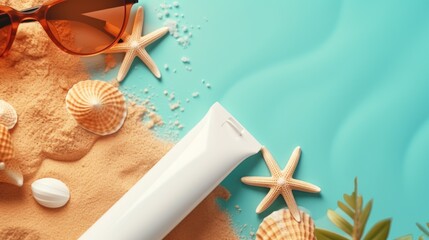 Canvas Print - A tube of sunscreen sitting on top of a sandy beach. Perfect for sun protection and enjoying a day at the beach