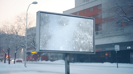 Wall Mural - A street sign covered in snow on a city street. Perfect for winter-themed projects or illustrating cold weather conditions