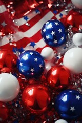 Poster - Christmas balls and tinsel in red, white, and blue colors. Perfect for holiday decorations