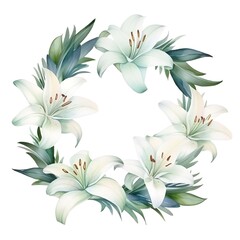 Poster - Watercolor round frame with white Lily flowers and leaves isolated on white background with copy space for text and decoration