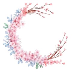 Wall Mural - Watercolor elegant pink round Baby's breath flower wreath on white background for romantic poster banner print design