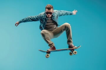 Poster - A man is captured riding a skateboard in mid-air. This dynamic image can be used to depict extreme sports and urban lifestyle