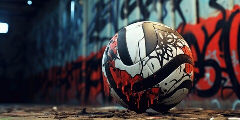 Poster - A soccer ball sits in front of a vibrant graffiti-covered wall. Perfect for sports-themed designs or urban-themed projects