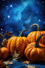 Wall Mural - A group of pumpkins sitting on top of a table. Perfect for autumn and Halloween-themed designs