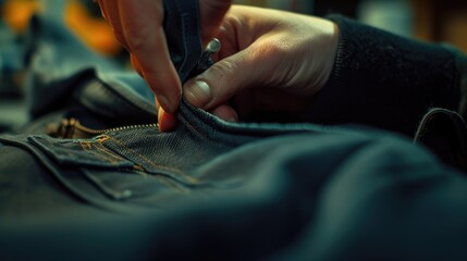 Wall Mural - A person is sewing a pair of jeans. This image can be used to showcase the process of making jeans or to illustrate the art of sewing