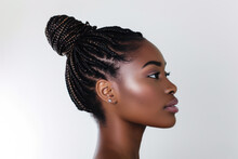 Elegant Woman With Braided Updo Hairstyle Against Neutral Background. Beauty And Hairstyle.