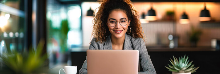 Wall Mural - Professional young businesswoman working on laptop in modern office space, smiling as she focuses on her work with a coffee cup and indoor plants nearby