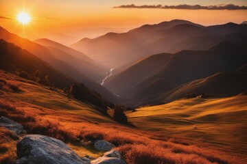 Sticker - Mountain landscape at sunset golden hour