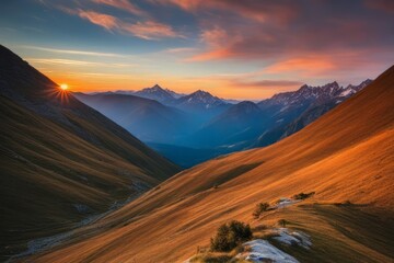 Sticker - Mountain landscape at sunset golden hour