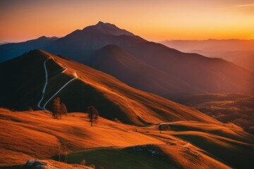 Sticker - Mountain landscape at sunset golden hour