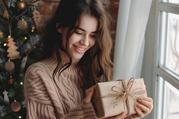 The beautiful girl receives a gift