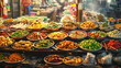 .A flavorful image of a street food market showcasing a diverse array of international cuisines