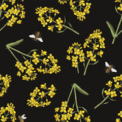 Wall Mural - Seamless pattern with bees pollinating rapeseed