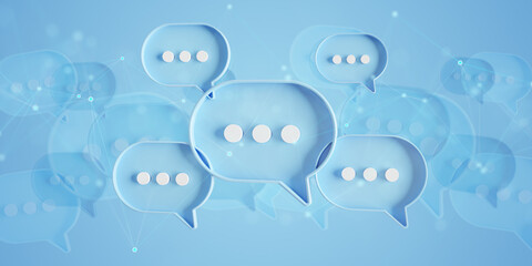 Wall Mural - Minimalist blue speech bubbles talk icons floating over background. Modern conversation or social media messages with shadow. 3D rendering