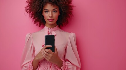 Poster - This image shows a black screen mobile phone in female hand held on a pink background. The copy space is blank. Trendy collage in magazine urban style. Contemporary art. Modern design.
