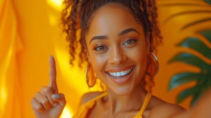 Sticker - Woman pointing to her smartphone, excitedly reacting to a new app, standing isolated over orange background, smiling millennial woman.