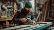 © Paul - A man with a beard in a workshop makes loft style furniture from shingle brick - AI Generated Digital Art