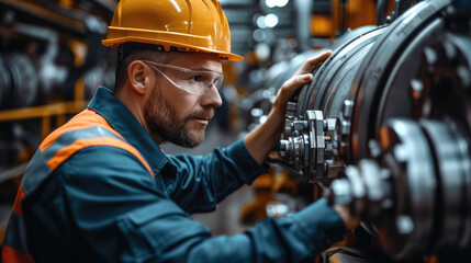 Poster - An engineer in engineering is inspecting equipment on the site, surrounded by various industrial equipment and building materials. Generative AI.