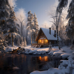 Poster - A snowy cabin in a winter forest.