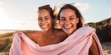 Fototapeta Konie - Two modest women covering nudity with blanket at nudist beach.