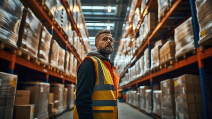 Aufkleber - A worker Inside Warehouse Checking Stock On Shelves Using Clipboard, logistics concept. Generative AI.