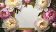 White and pink peony flowers surrounding a gold frame with a white sheet of paper. Spring background with space for text