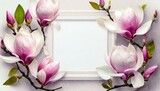 Fototapeta  - Kwiaty magnolii otaczające białą ramkę z kartką papieru. Trójwymiarowe, wiosenne tło z miejscem na tekst