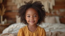 This Is A Photo Of A Happy Black Little Girl Sitting On Bed At Home Staring At The Camera And Smiling. This Is An Advertisement Banner With A Cute Child Posing Indoor. It Has Plenty Of Space For Your