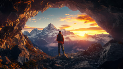 adventurous man hiker standing in a cave with rocky mountains in background. sunset cloudy sky