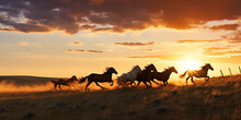A dusk scene capturing wild horses in pursuit of a woman across the prairie.