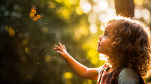 A Child Looking Curiously At A Butterfly With Soft Sunlight Filtering Through The Trees, Highlighting A Sense Of Wonder