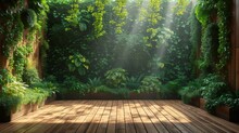 3D Render Of Empty Wooden Terrace With Green Walls, Wood Plank Flooring With Tropical Style Tree Garden Background. Glow Of Sunlight Shines On The Tree.