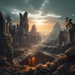 Wall Mural - Ancient ruins in a post-apocalyptic world. 